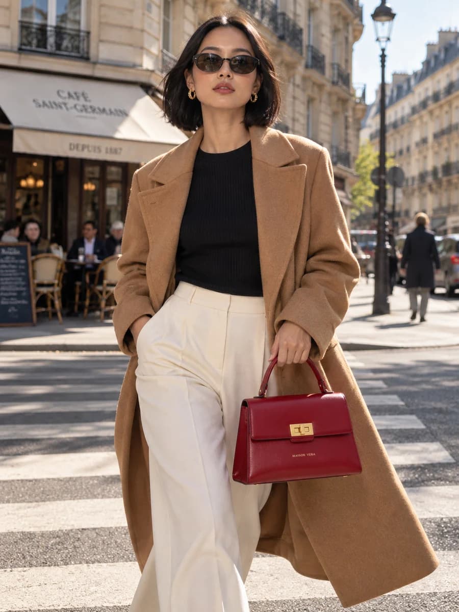 Woman in a camel coat carrying a cherry-red handbag across a Paris crossing