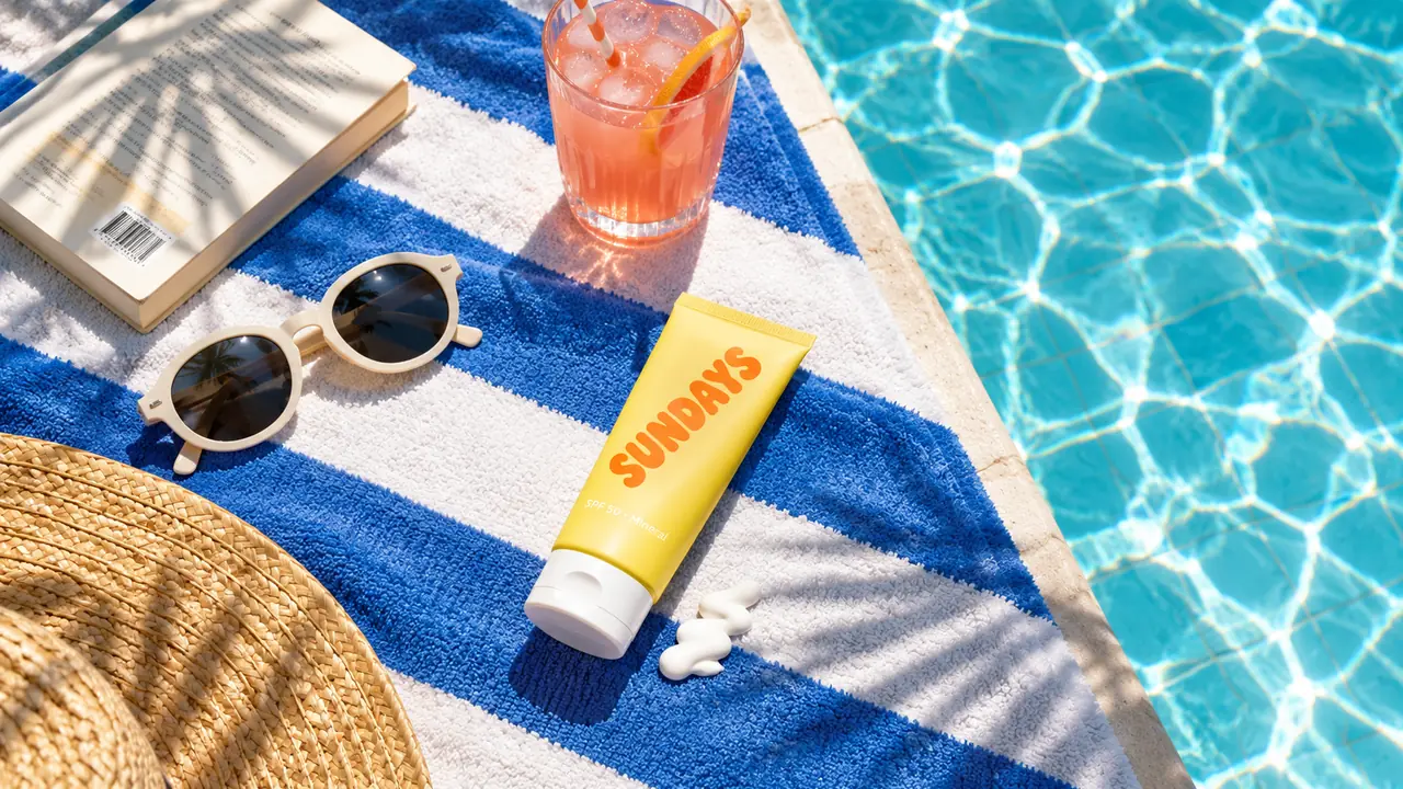 Yellow sunscreen tube on a striped towel beside a turquoise pool