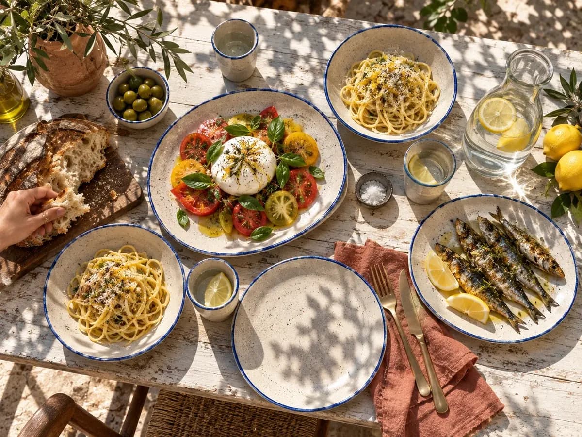 Overhead Mediterranean lunch on speckled cream plates with cobalt rims