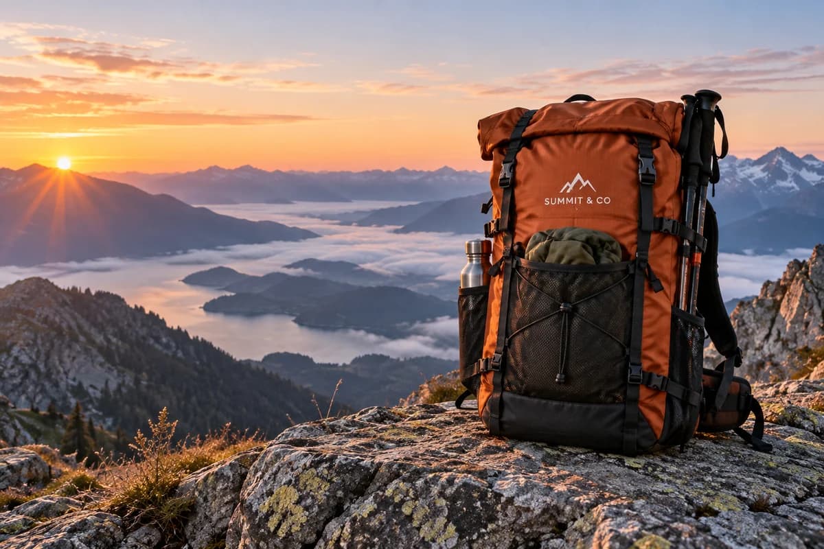 Orange hiking backpack on a granite ridge above clouds at sunrise