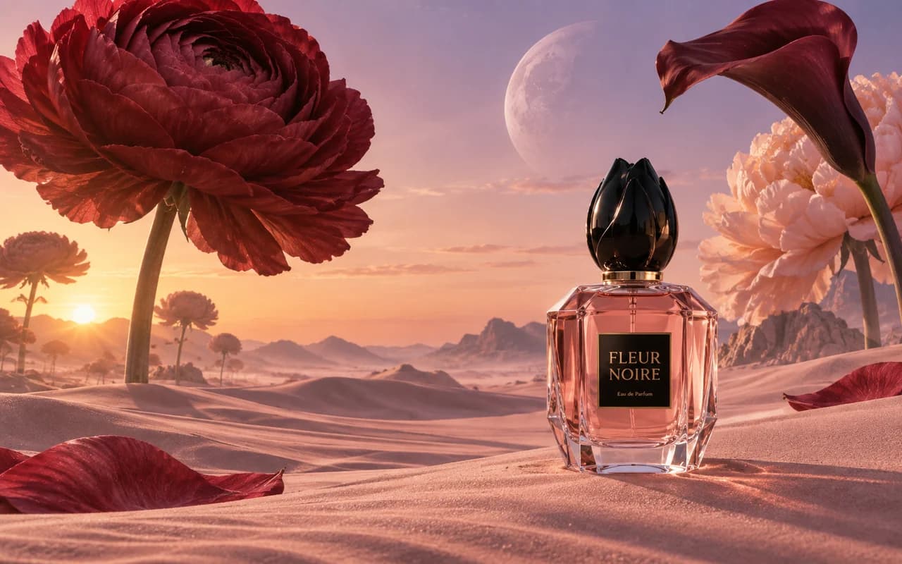 Pink perfume bottle on sand dunes among giant surreal flowers
