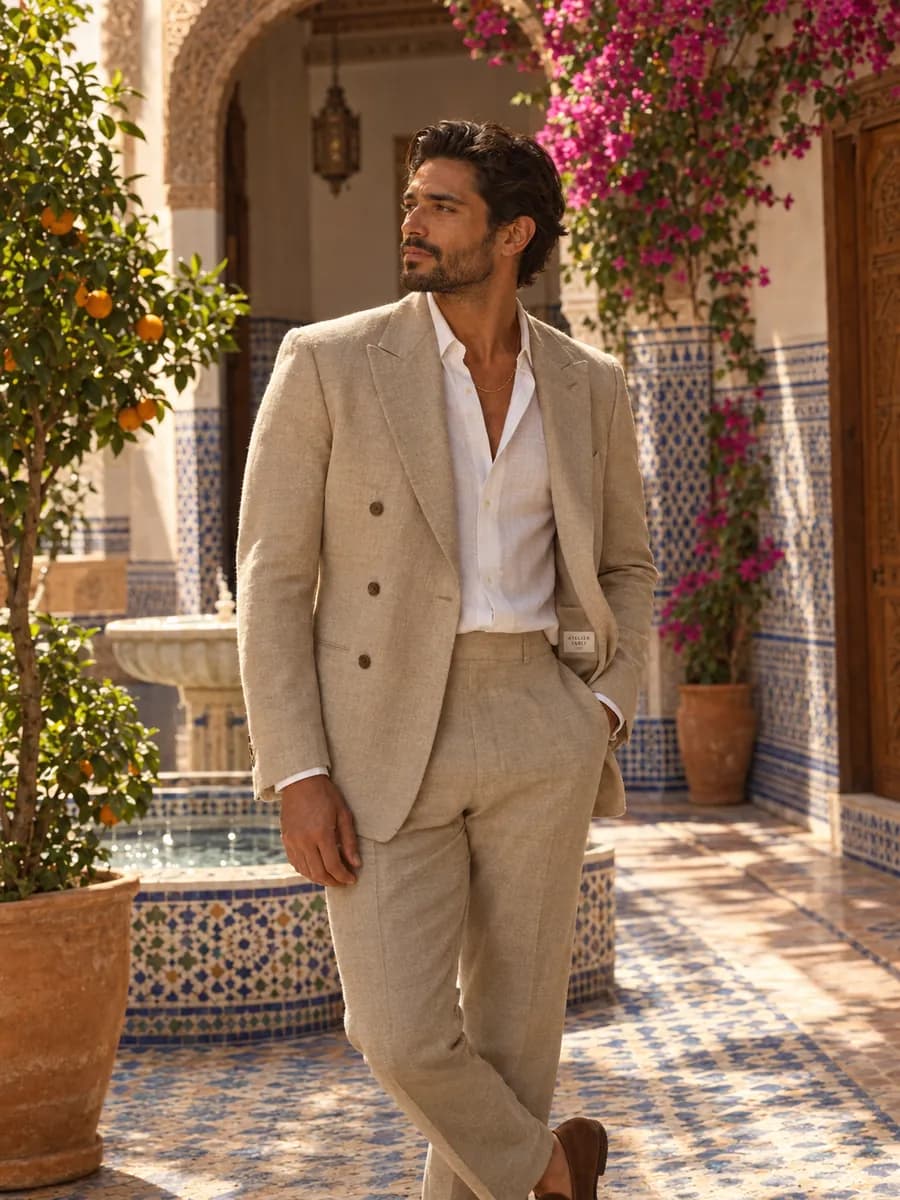 Man in a sand linen suit in a tiled Moroccan courtyard