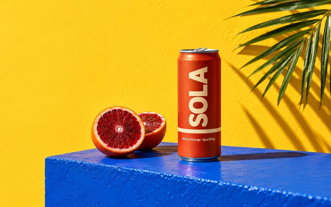 Blood-orange soda can on a cobalt block against a yellow wall in hard sunlight