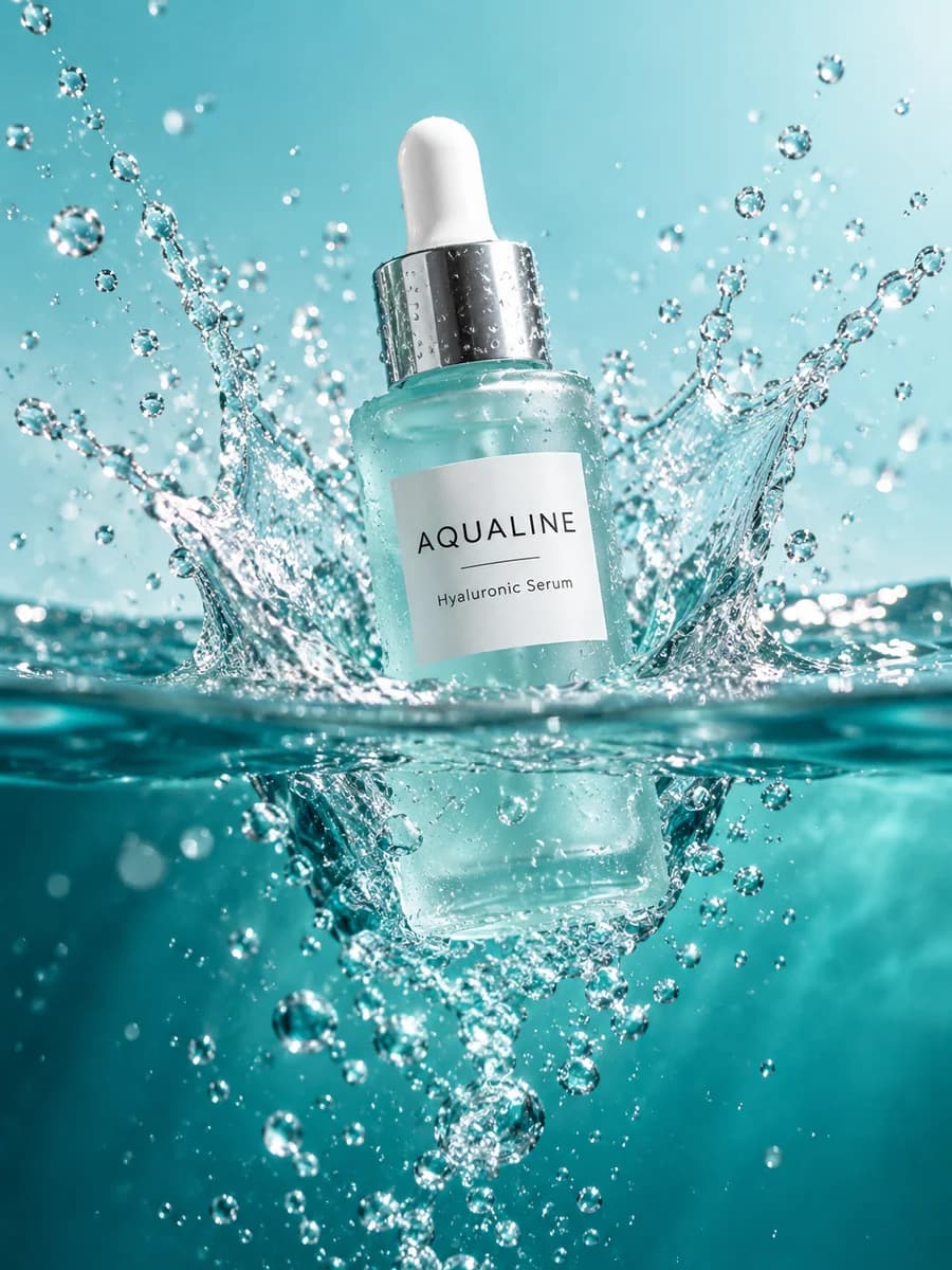 Serum dropper bottle splashing into clear turquoise water