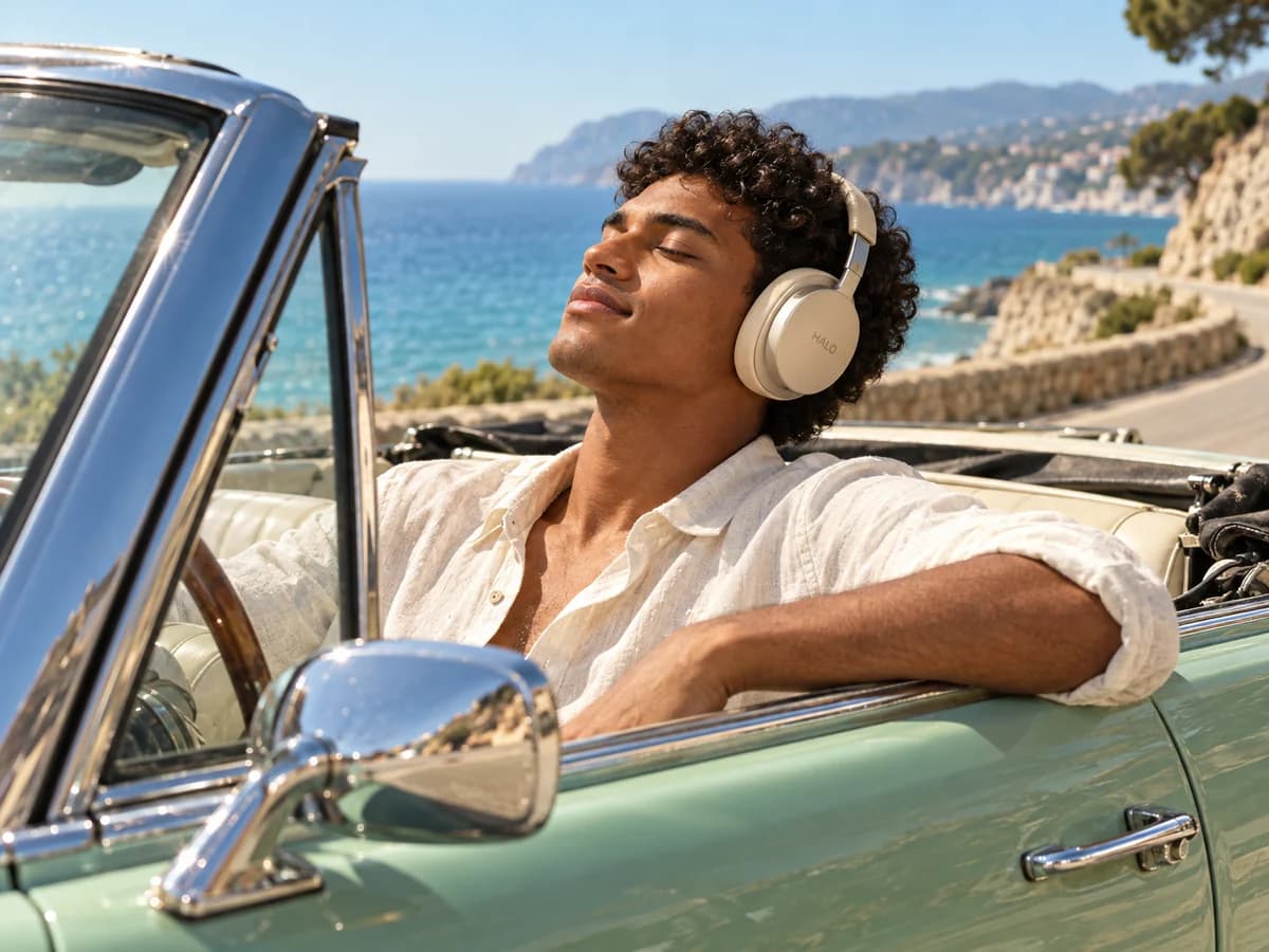 Man wearing beige headphones in a vintage mint convertible on a coastal road