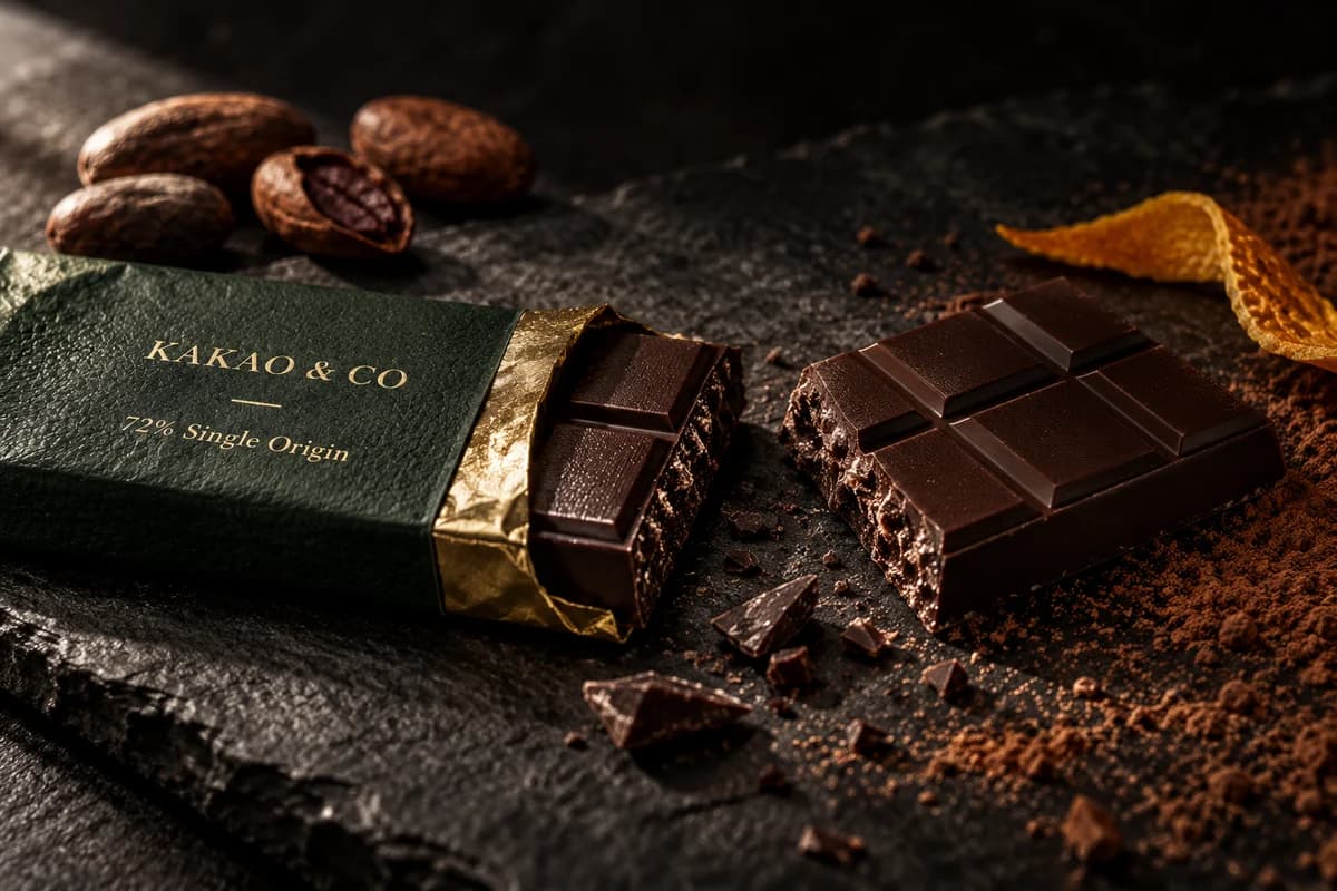 Broken dark chocolate bar in an emerald wrapper on dark slate with cocoa dust