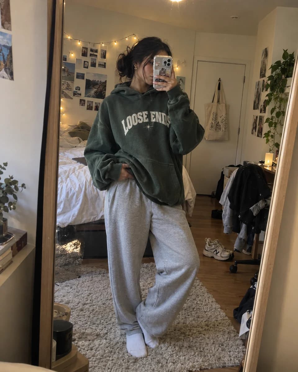 Mirror selfie in an oversized green hoodie in a lived-in bedroom