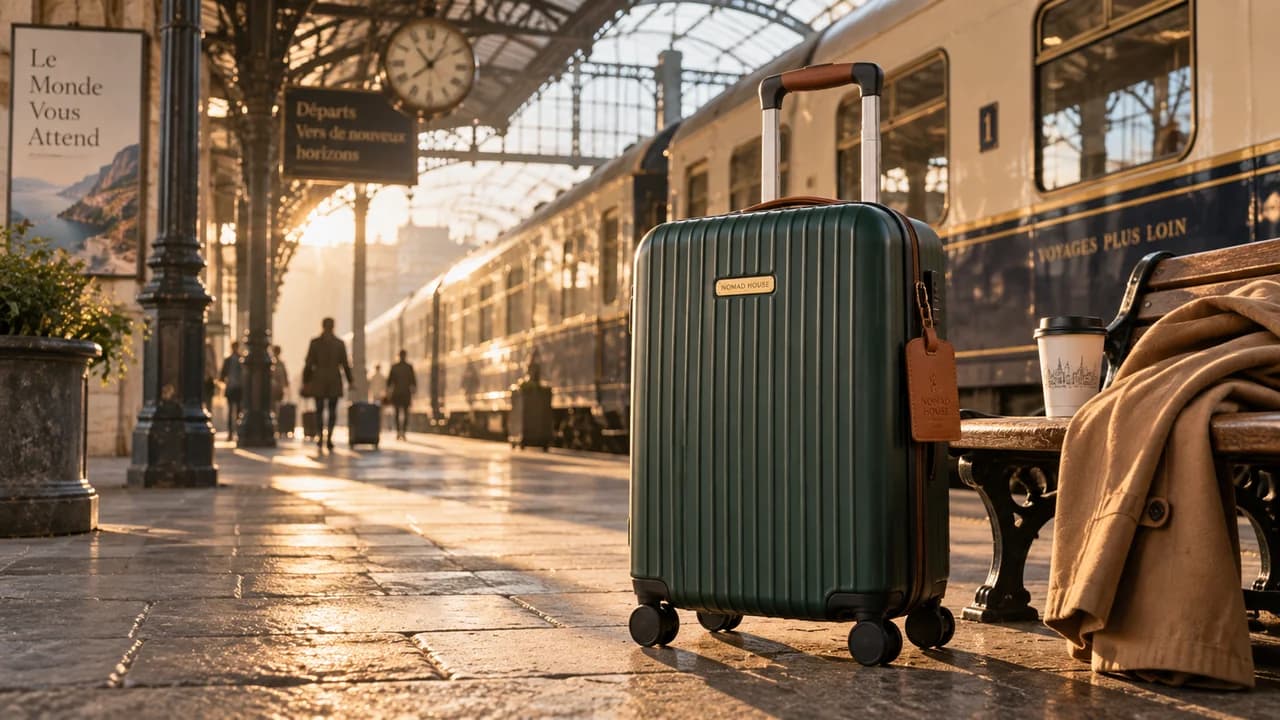 Green carry-on suitcase on a sunlit vintage station platform
