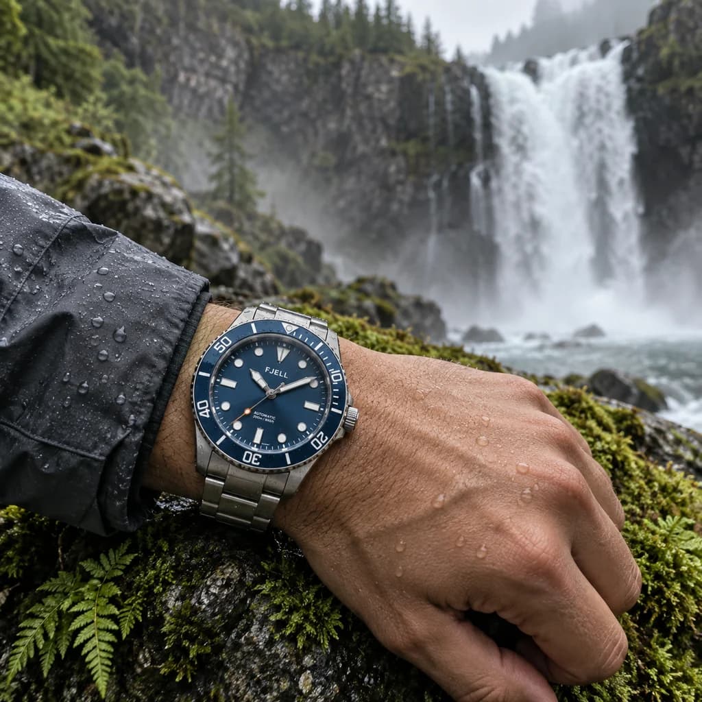 Blue dive watch on a wrist resting on moss beside a waterfall