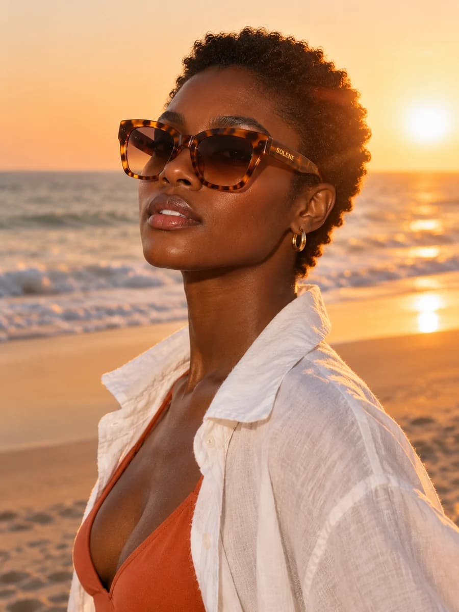Woman in tortoiseshell sunglasses on a beach at golden hour