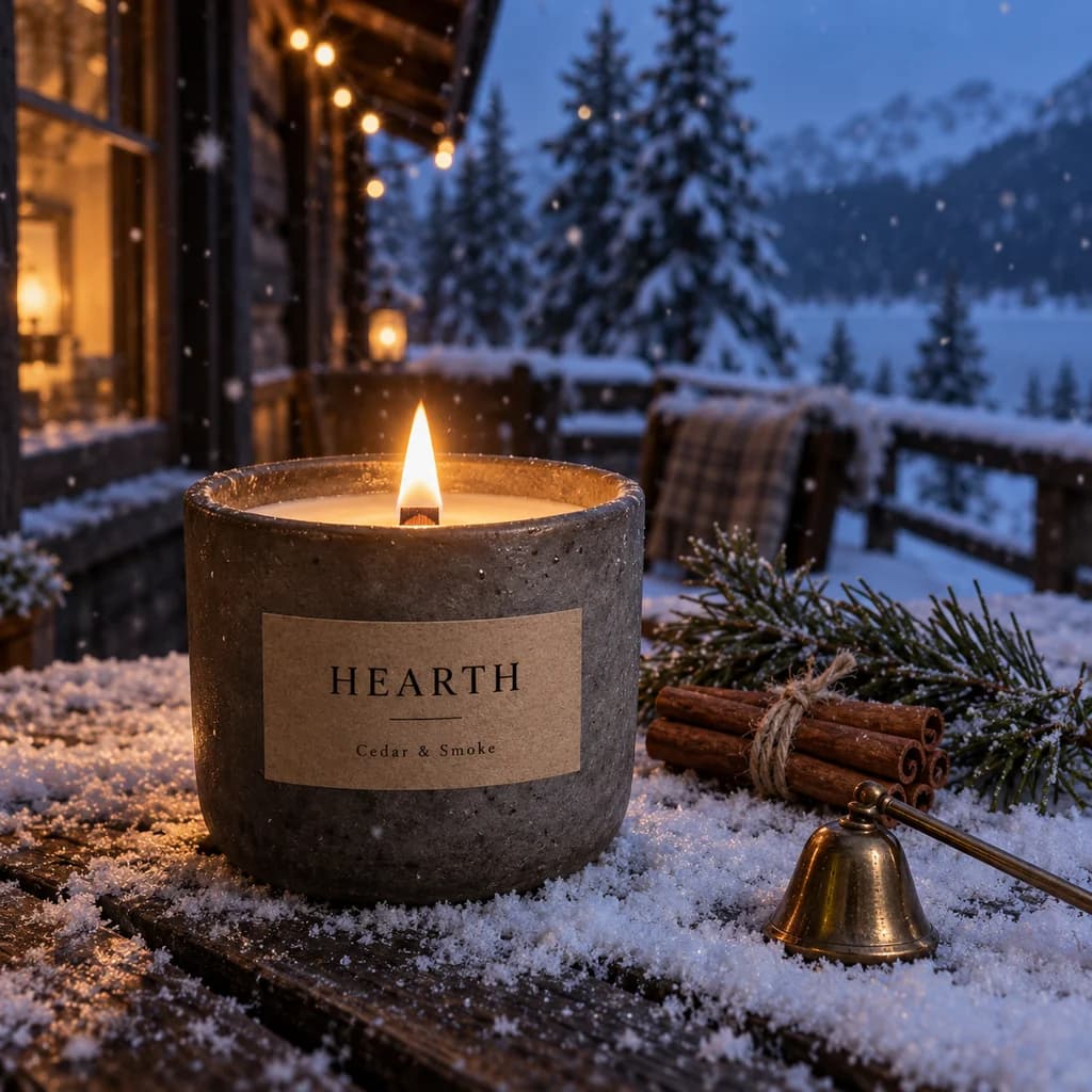 Lit grey ceramic candle on a snowy cabin table at blue hour