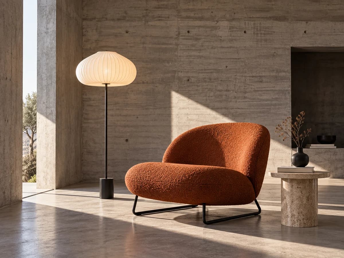 Rust bouclé lounge chair and paper globe lamp in a concrete interior