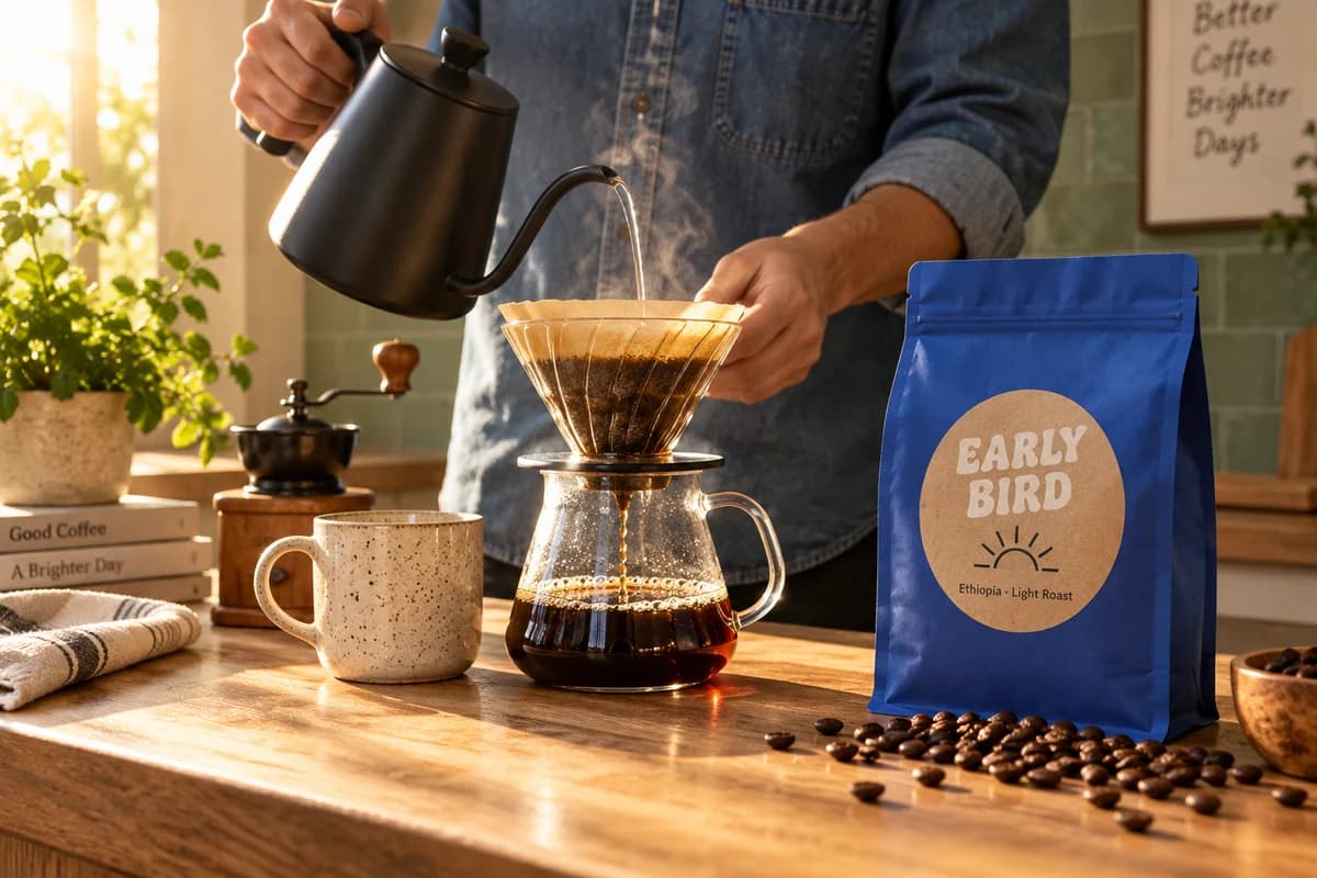 Pour-over coffee being made beside a blue coffee bag in morning sun