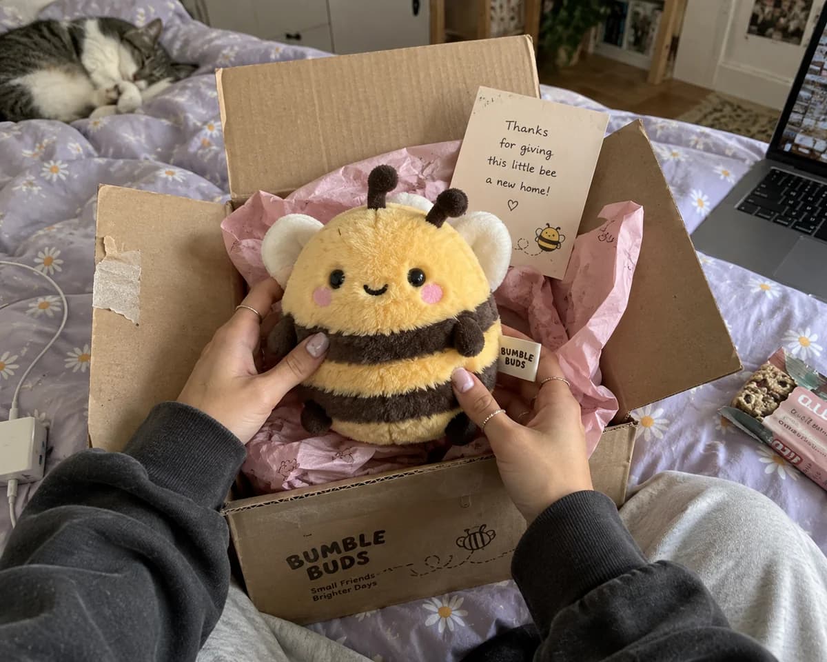 Hands unboxing a plush bumblebee toy on a daisy-print bed