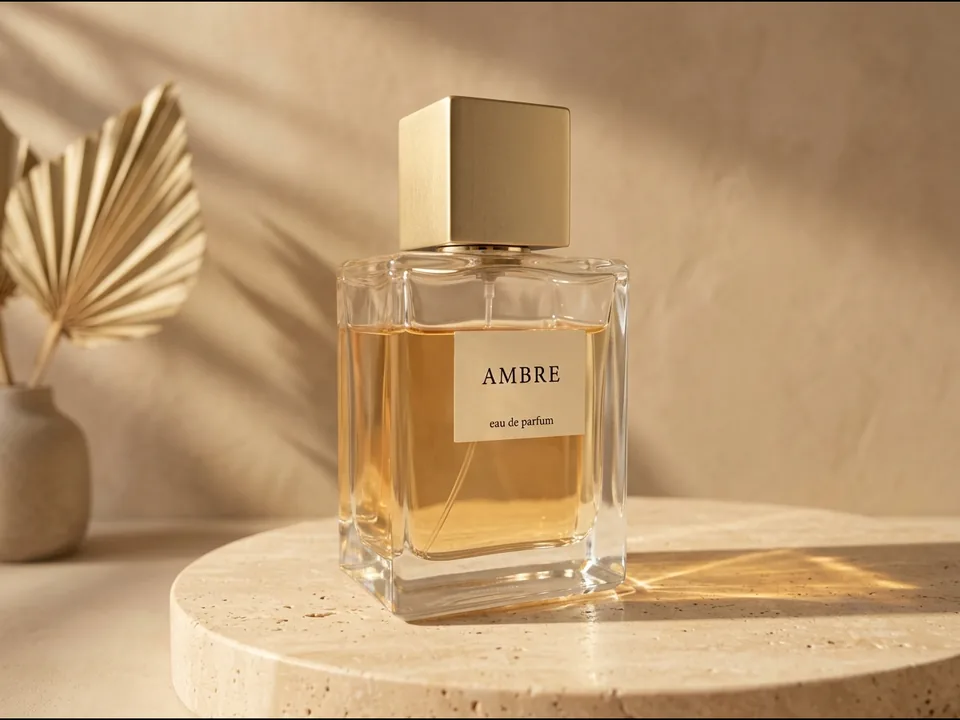 Amber perfume bottle on a stone plinth beside a dried palm leaf