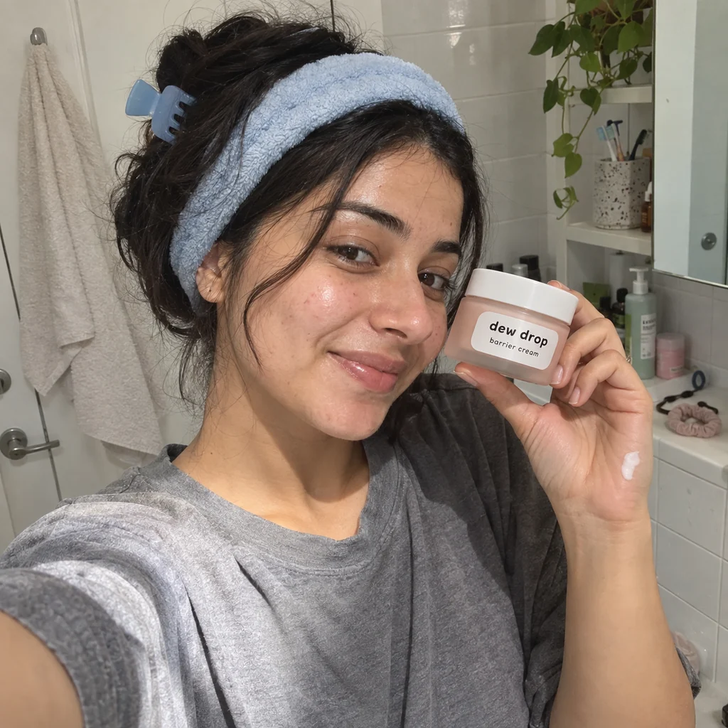 Morning bathroom selfie holding a peach skincare jar