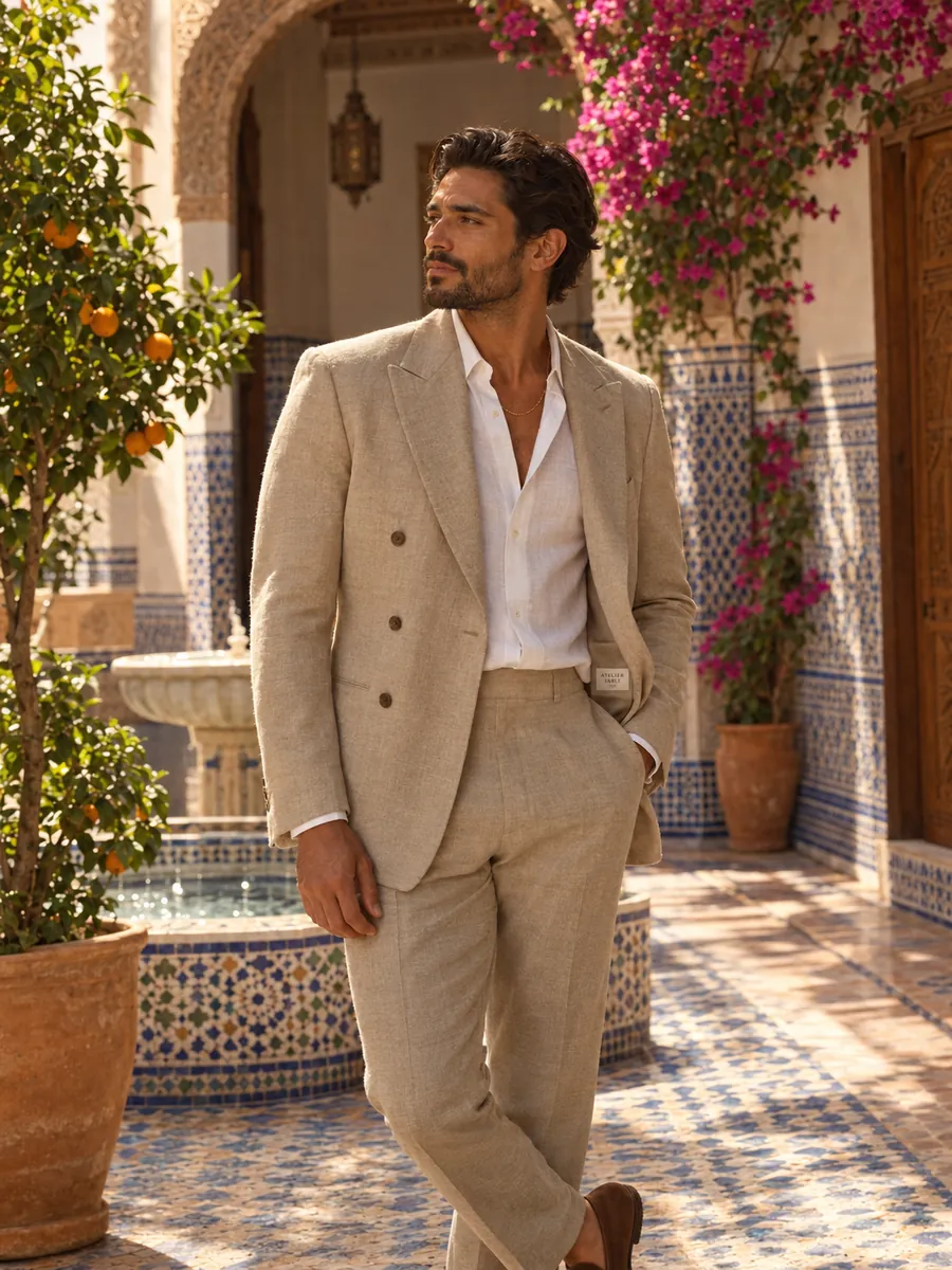 Man in a sand linen suit in a tiled Moroccan courtyard
