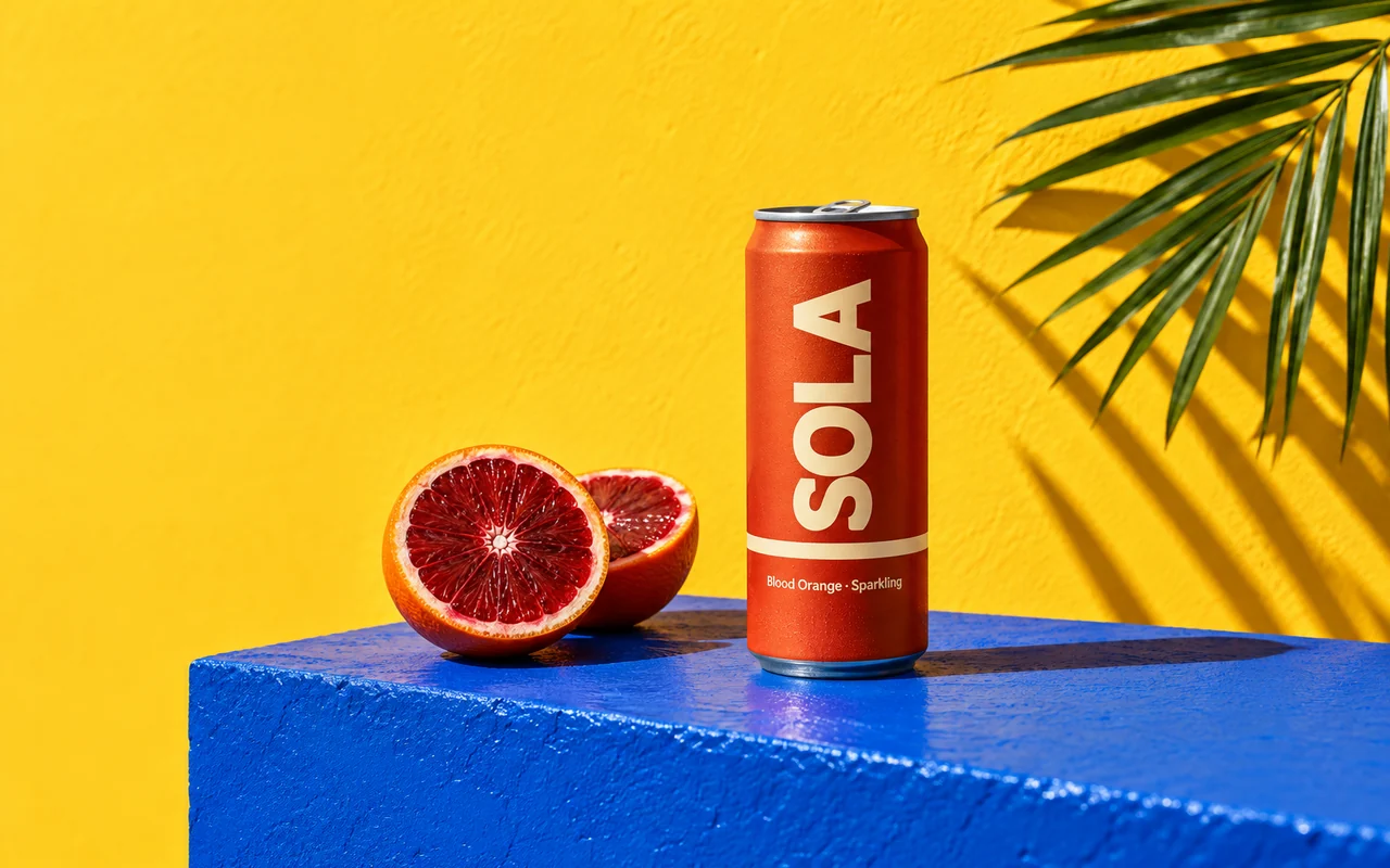 Blood-orange soda can on a cobalt block against a yellow wall in hard sunlight
