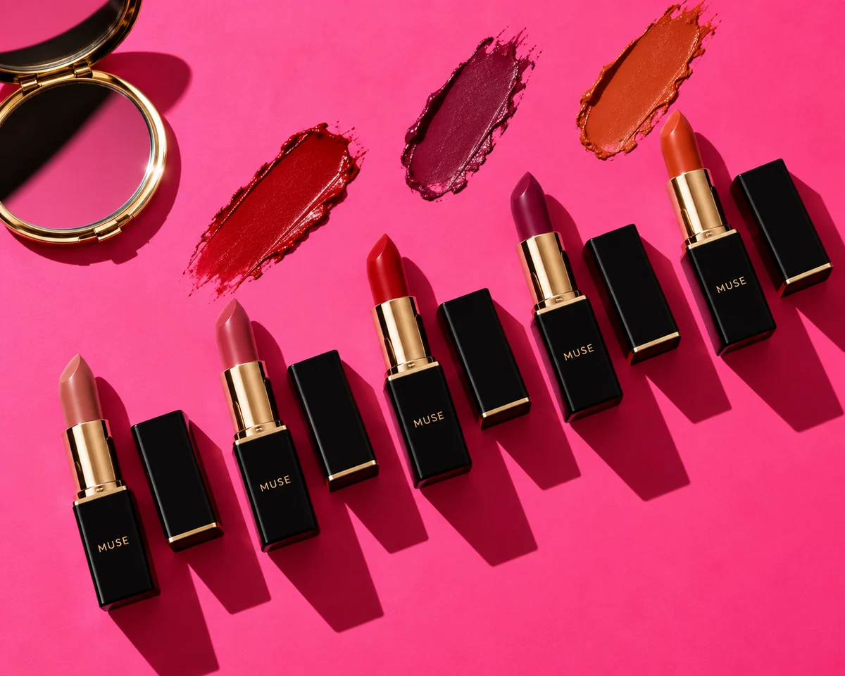 Five black and gold lipsticks with swatches on hot pink in hard light
