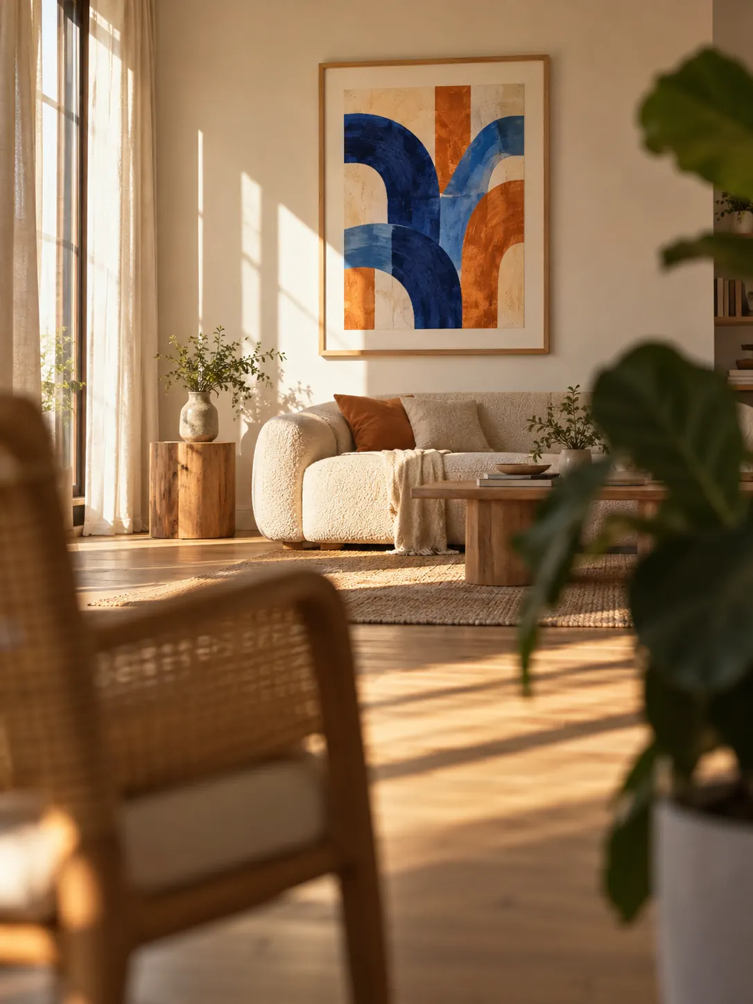 Framed abstract print on the wall of a sunlit living room