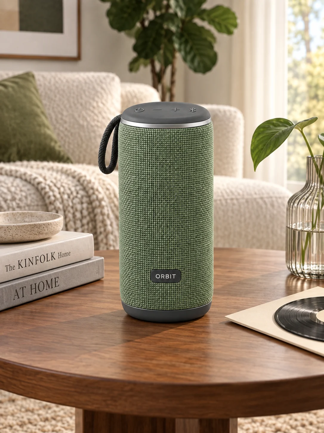 Green fabric speaker on a wooden side table in a bright living room