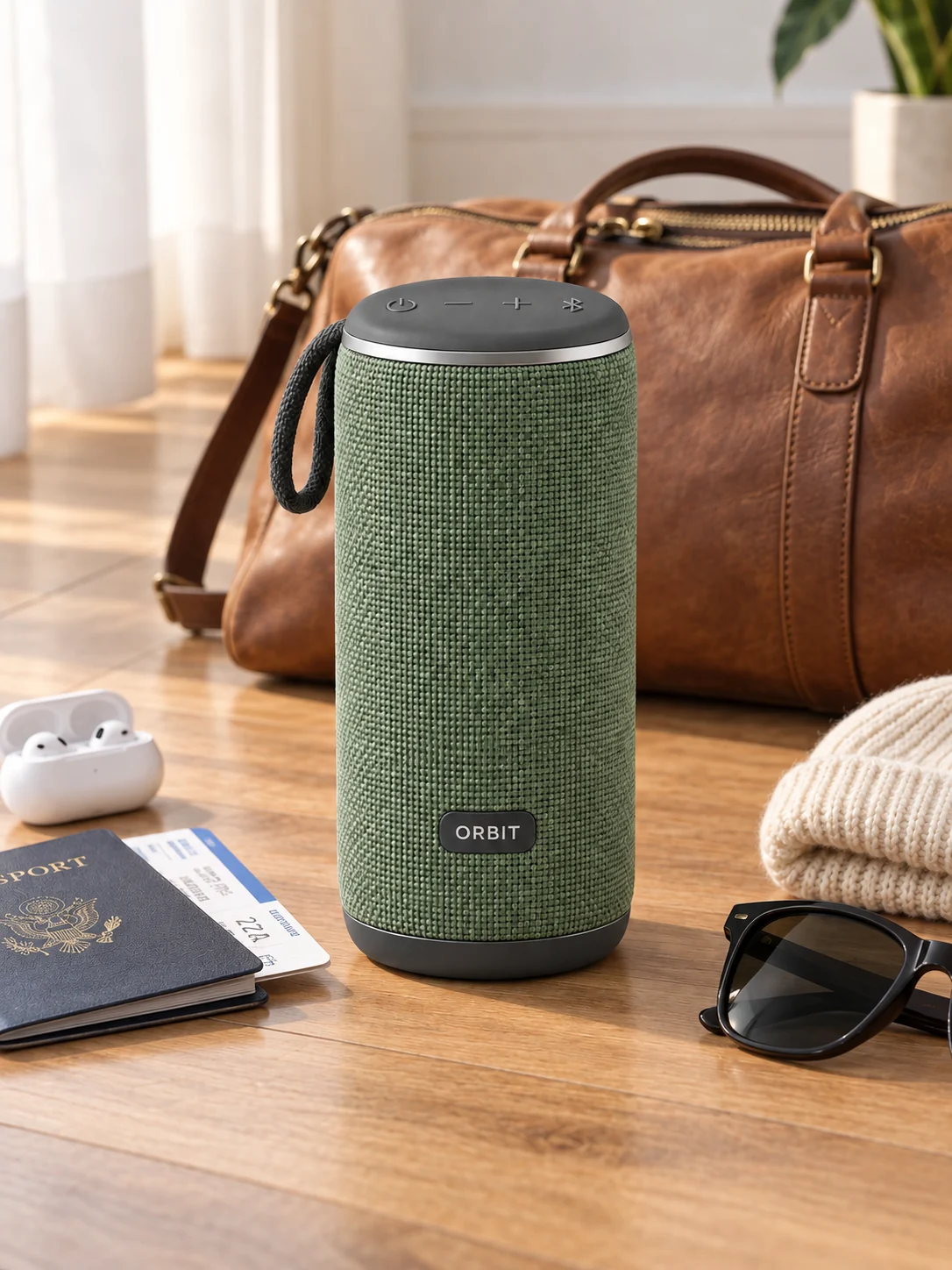 Green speaker packed beside a leather weekender bag and passport