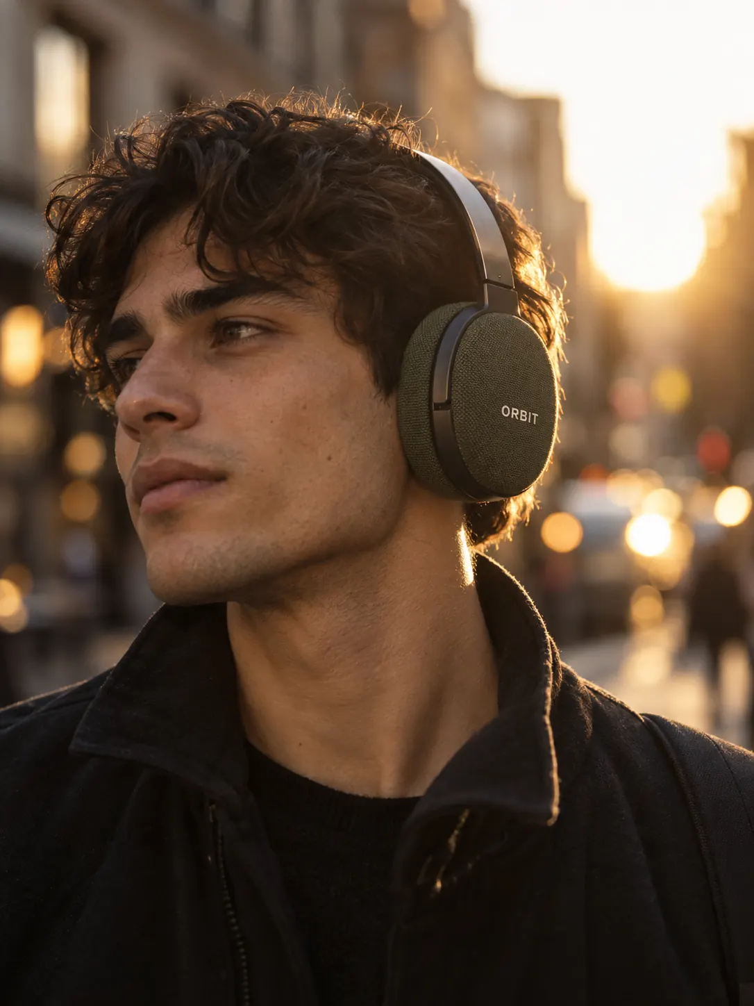 Man wearing green headphones on a city street at golden hour